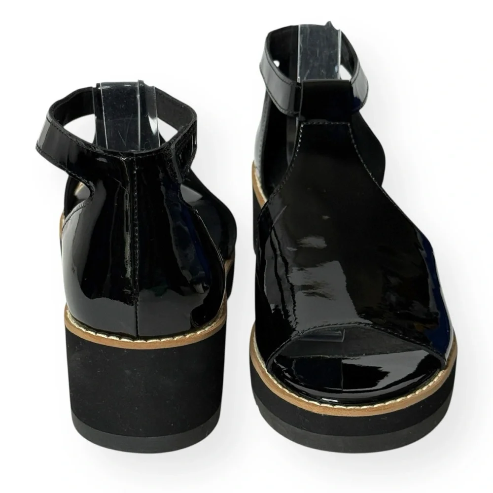 EILEEN FISHER Data Black Patent Ankle‎ Strap Wedge Sandals Size 7